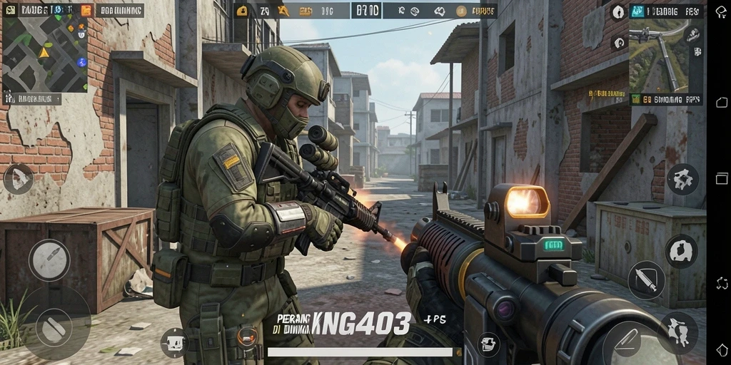 Screenshot KING403 menampilkan aksi menegangkan dalam mode FPS.