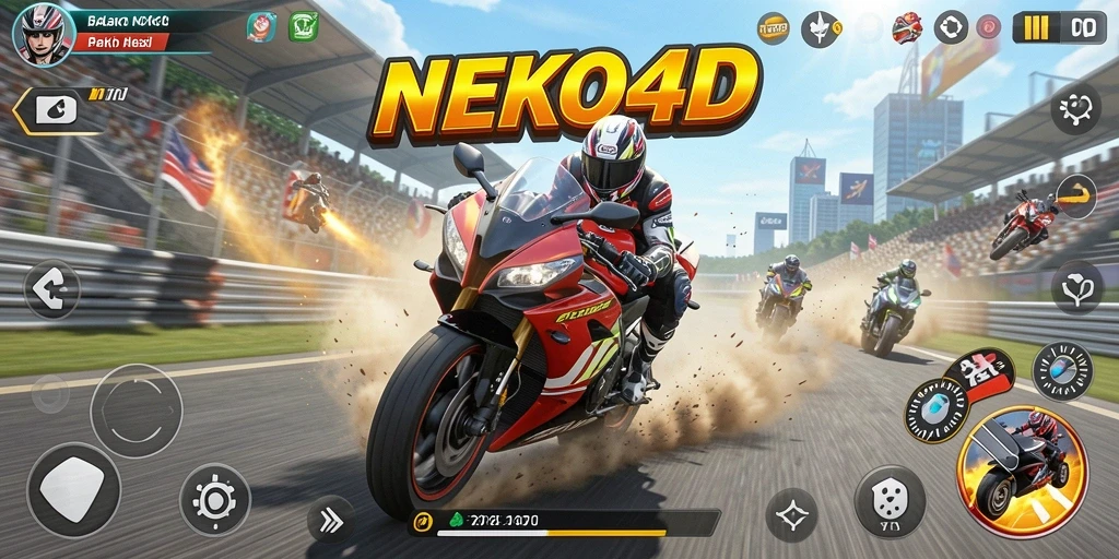 Tampilan gameplay seru di NEKO4D dengan balapan motor cepat.