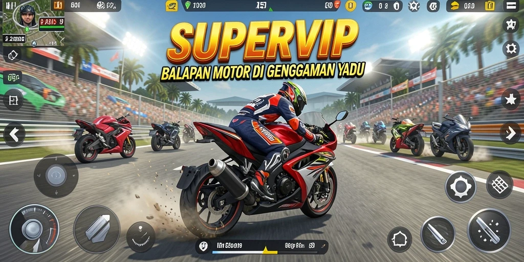 Tampilan gameplay balapan motor yang mendebarkan di SUPERVIP.